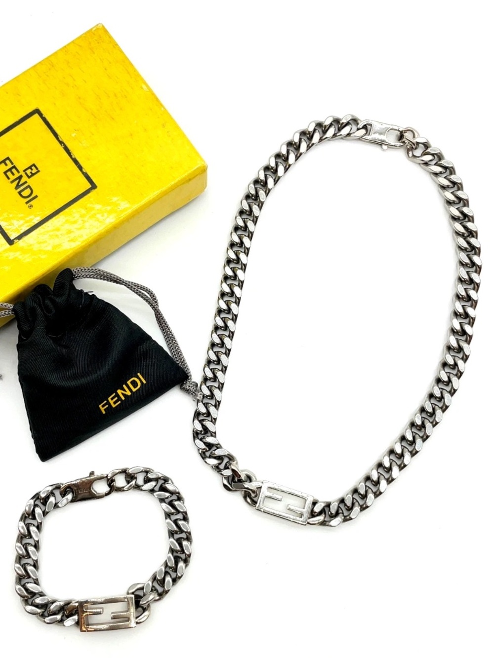 Fendi Silver Chain Necklace and Bracelet Set with Signature Link